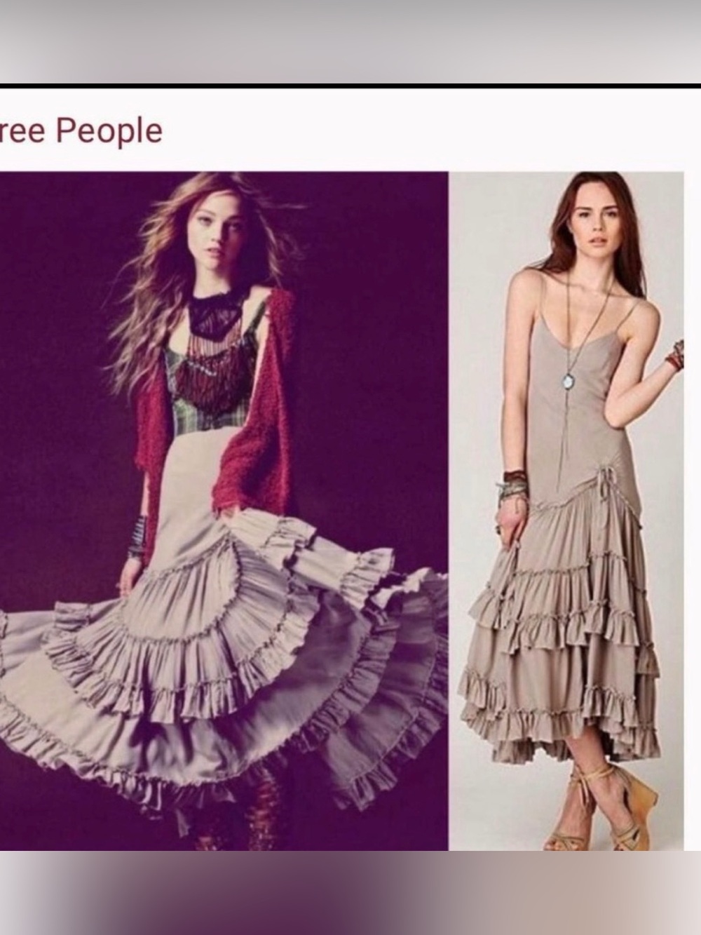 Free People vintage Taupe Ruffle Midi Dress with Drawstring Waist. + A GIFT 🎁